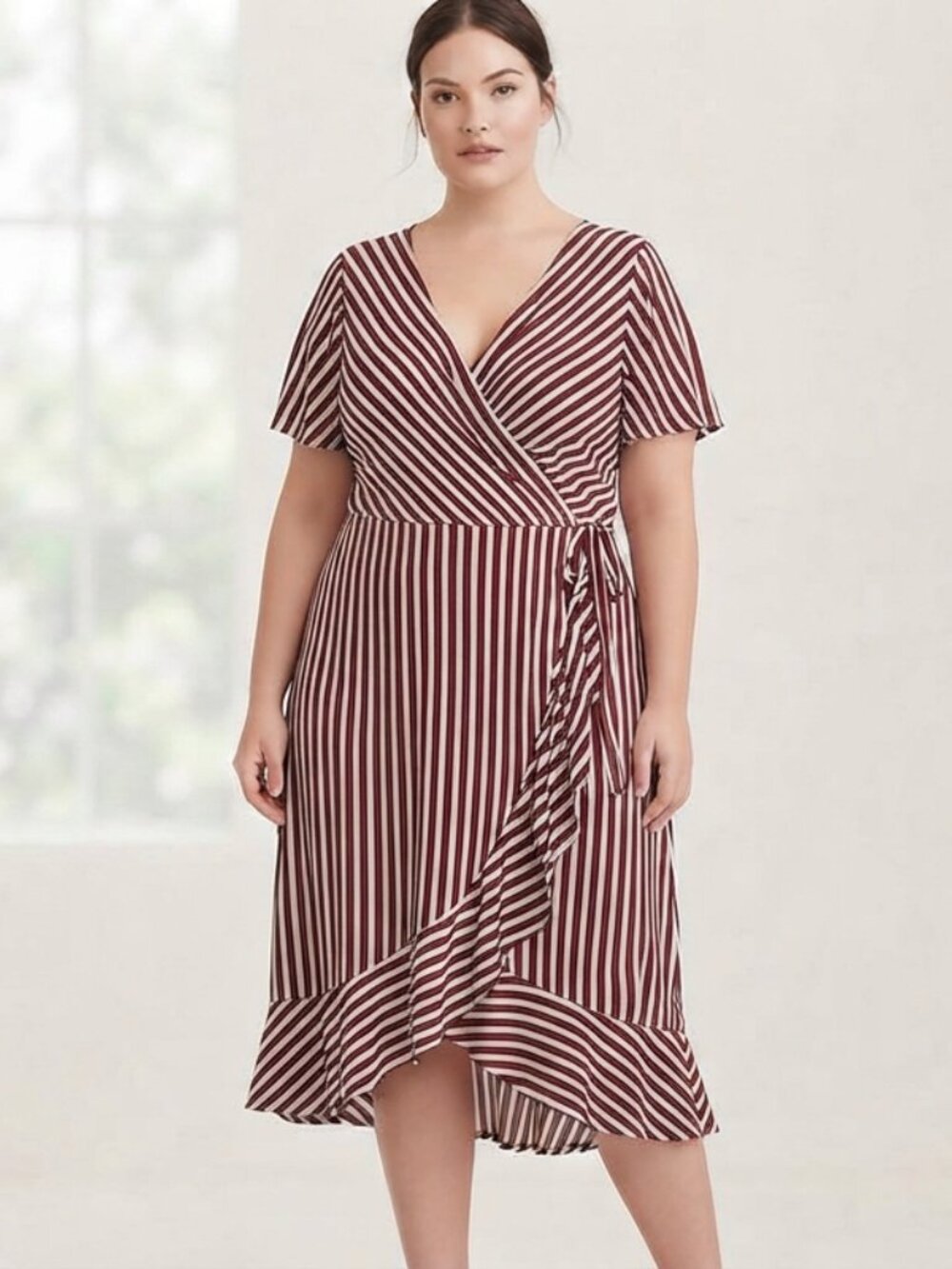 Torrid size 3 ruffle wrap midi dress size burgundy white striped plus size